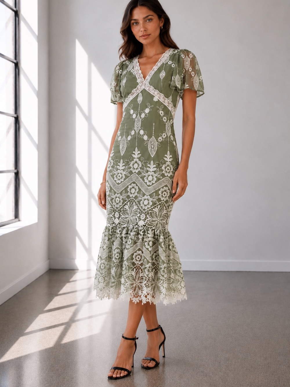 449. Sage Romance Lace Midi Dress - Picture 3 of 3